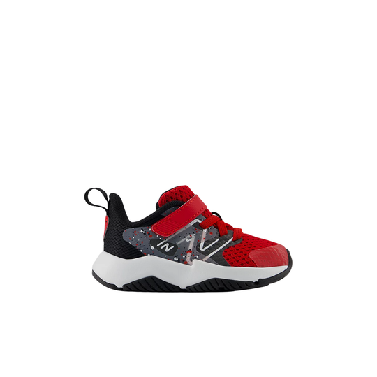 Red, black, and white sneaker on a white background