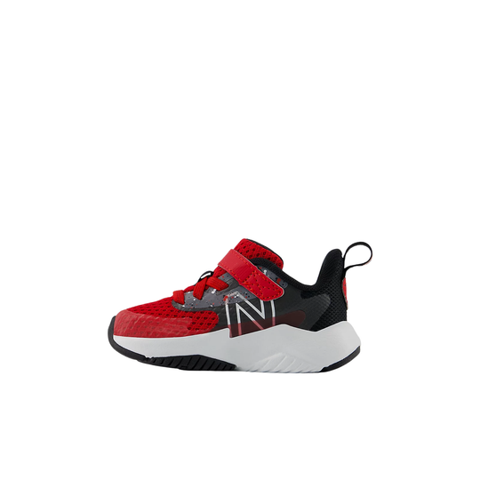 Red and black sneaker with a white sole on a white background