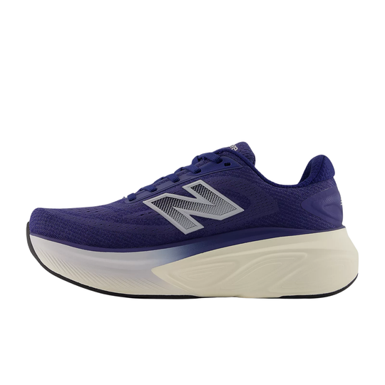 Blue running shoe with a white sole on a white background