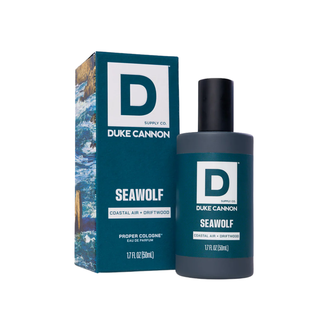 Seawolf proper cologne bottle beside matching box on white background