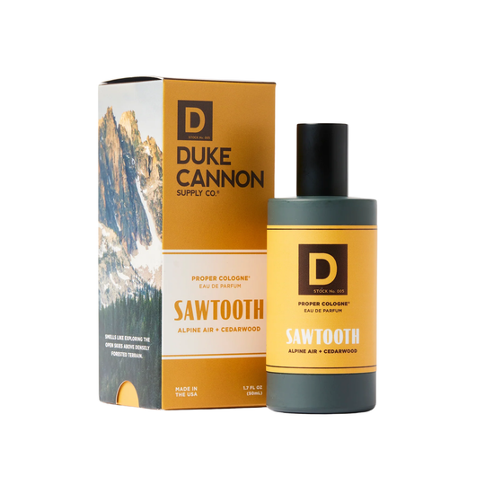 Duke Cannon cologne bottle and packaging on a white background