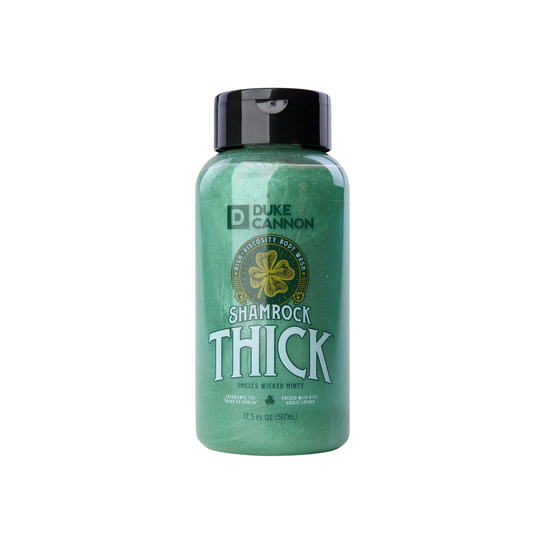 Green bottle of 'Shamrock Thick' with Duke Cannon branding on a white background