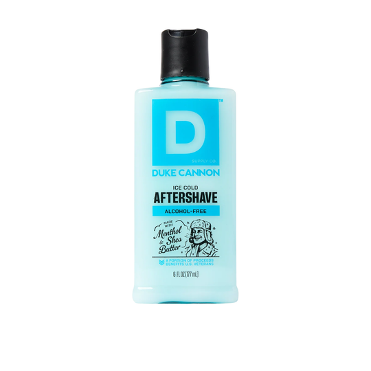 Duke Cannon aftershave bottle on a white background