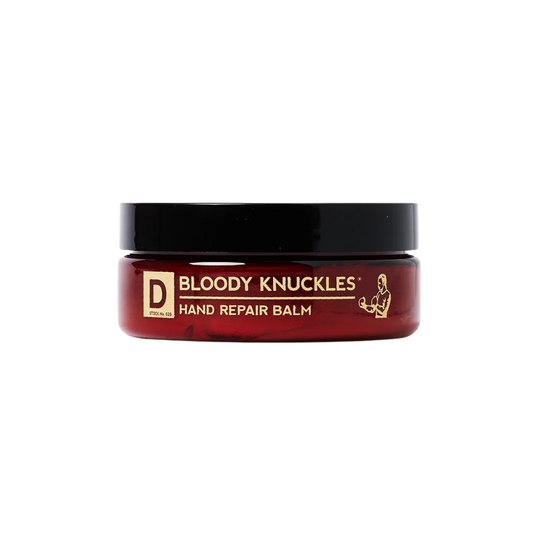 Red jar of Bloody Knuckles hand repair balm with black lid on a white background