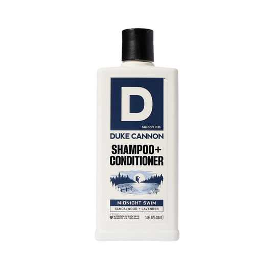Duke Cannon shampoo and conditioner bottle on a white background