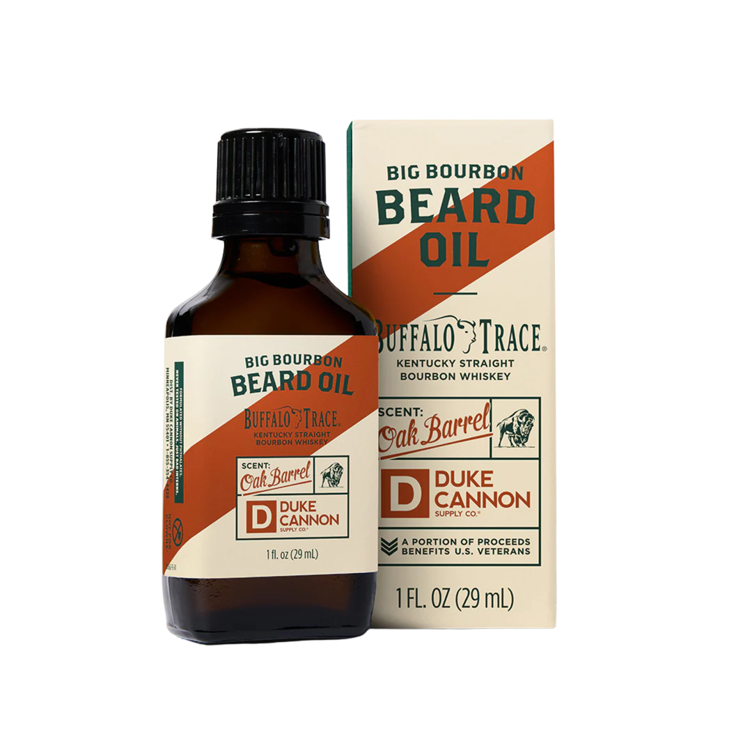 Big Bourbon Beard Oil bottle and packaging on a white background