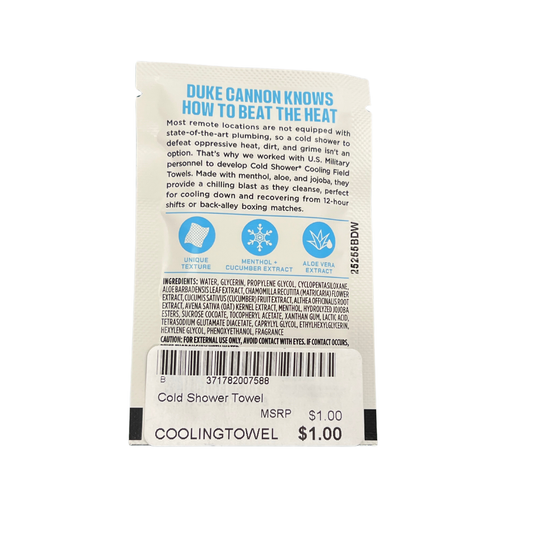 Back label of a Duke Cannon cold shower towel with text and product details.