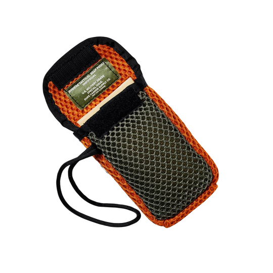 Black and orange mesh pouch with a strap on a white background