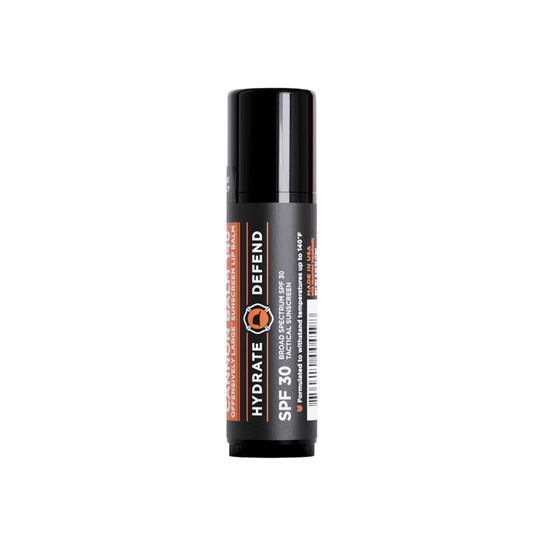 Black sunscreen bottle labeled 'Defend Hydrate' on a white background
