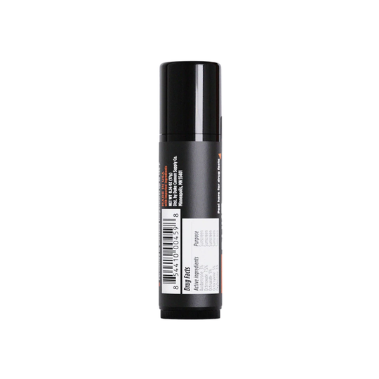 Black cylindrical container with a label on a white background