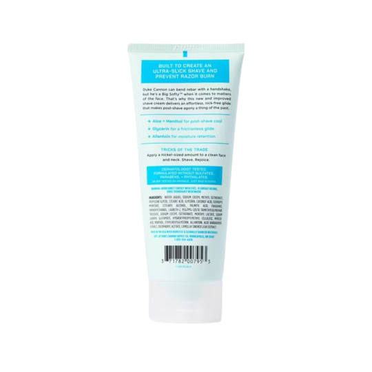 Back of a light blue shave cream tube with turquoise text panels and a barcode