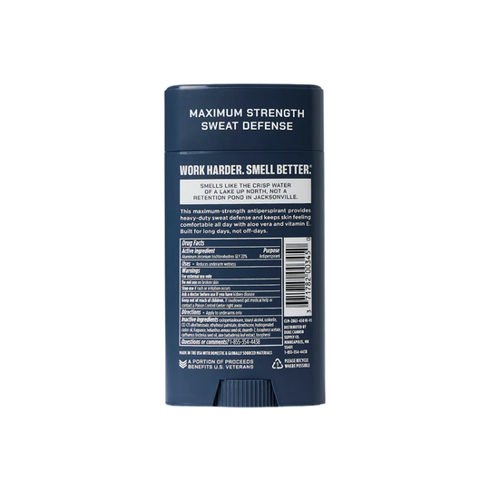 Back label of a blue antiperspirant stick with text on a white background