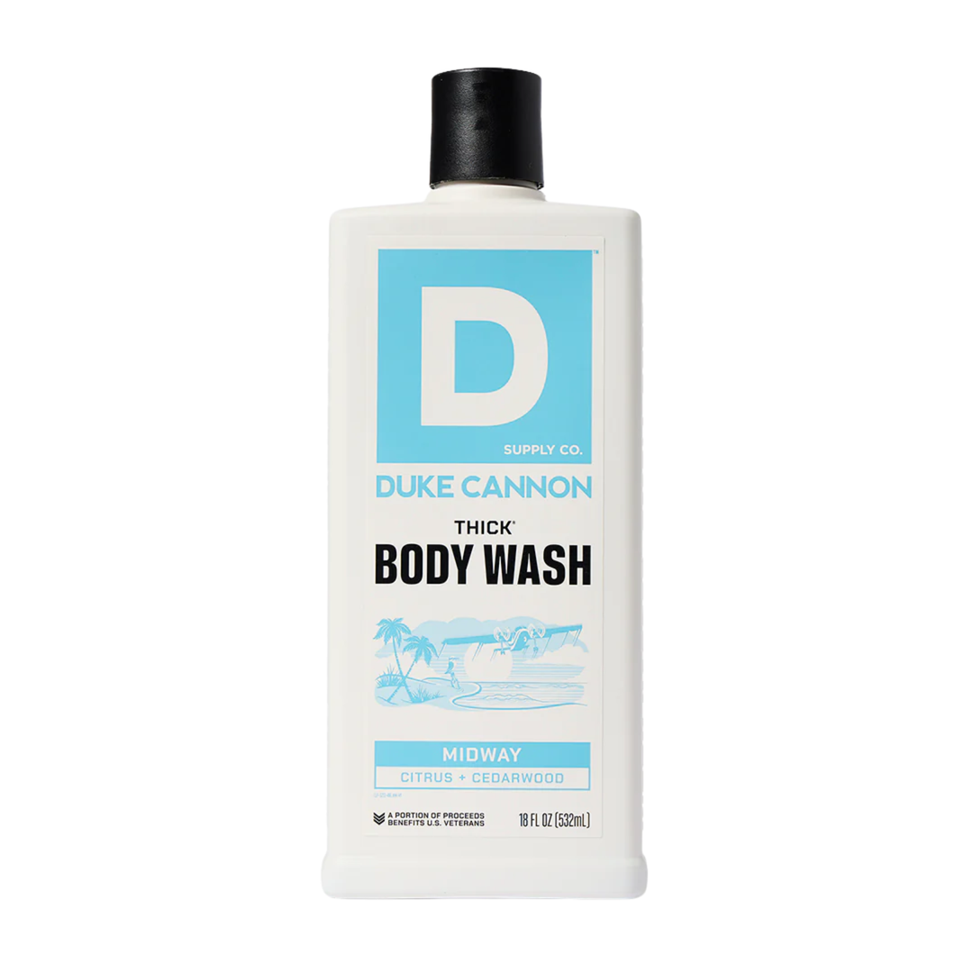 white and blue 18oz body wash bottle