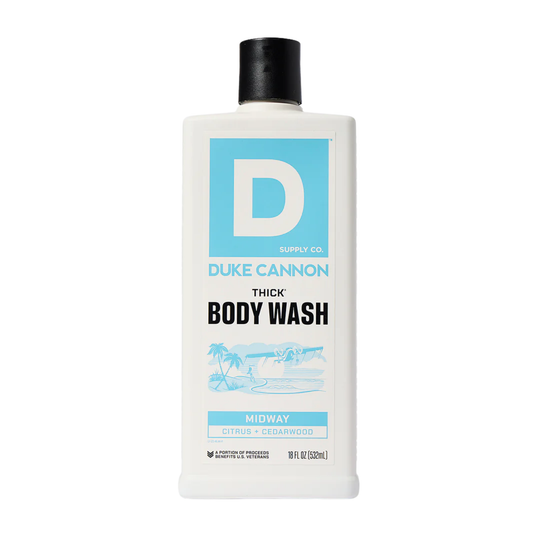 white and blue 18oz body wash bottle