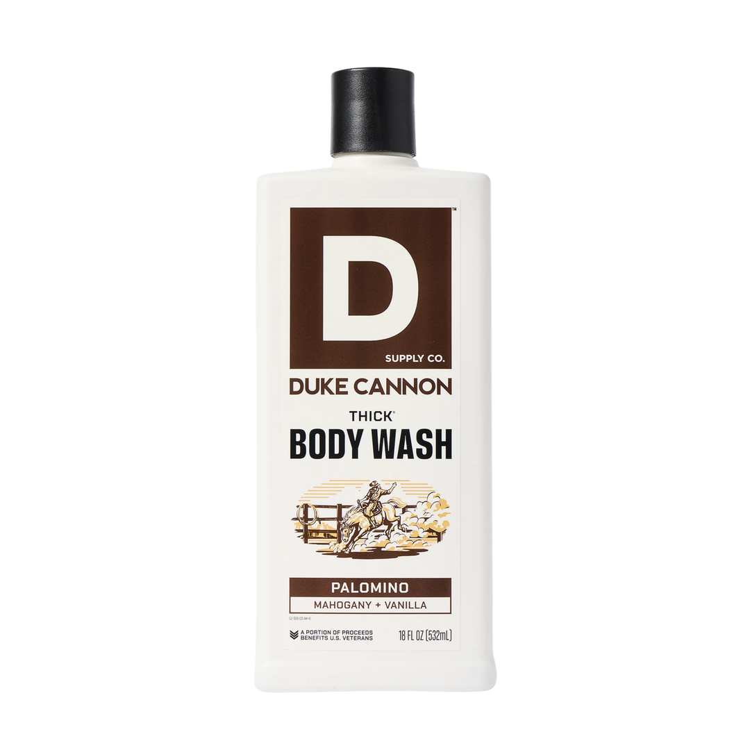 White bottle of body wash with a black cap and brown label reading “D” and “BODY WASH”