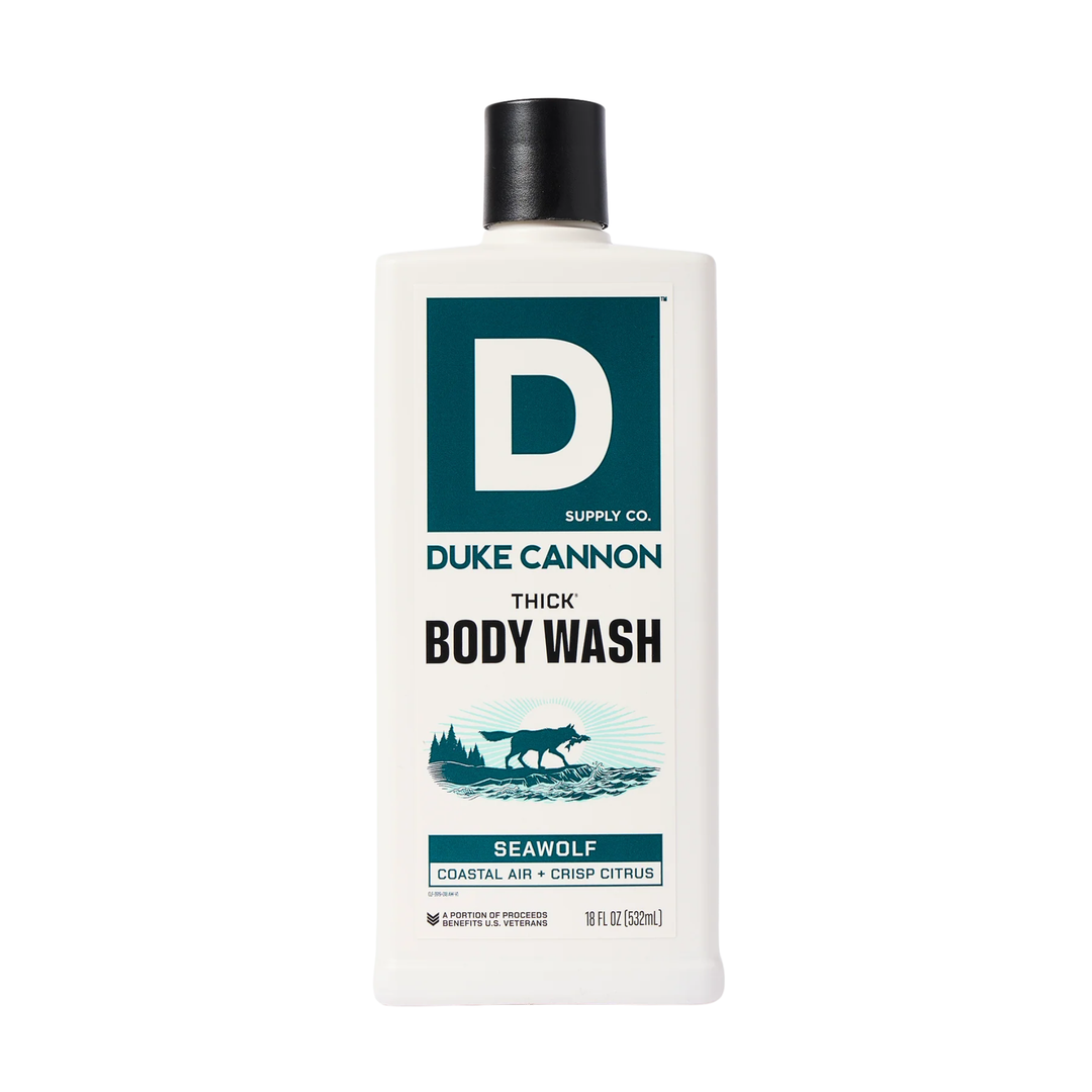 Bottle of Duke Cannon Seawolf body wash on a white background