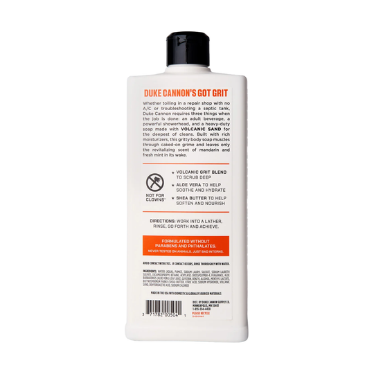Duke Cannon's Got Grit soap bottle with label on a white background