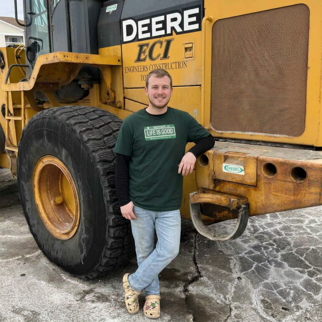 Man standing next to a large yellow construction vehicle with 'Deere' branding.