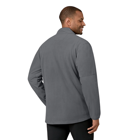 Man wearing a gray fleece jacket on a white background