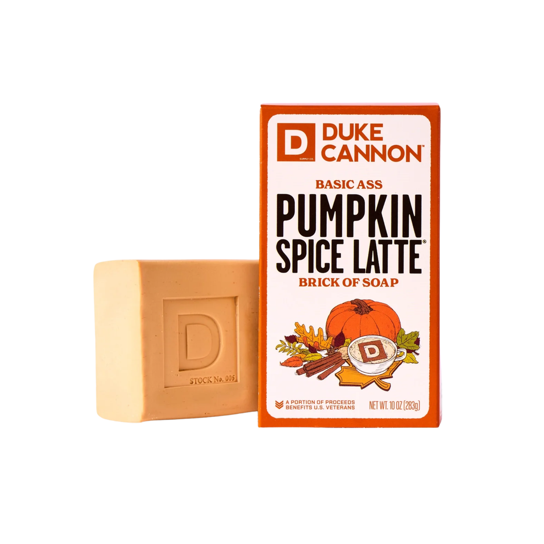Pumpkin spice latte soap bar with orange-and-white packaging