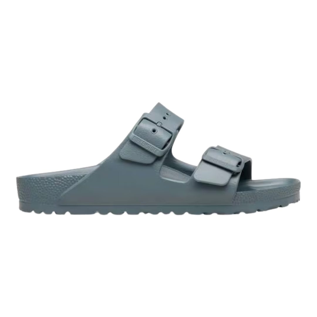 Gray sandal with double buckle strap on a white background
