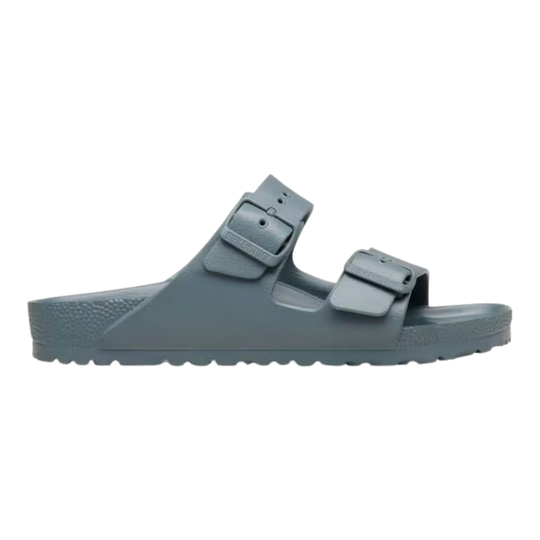 Gray sandal with double buckle strap on a white background
