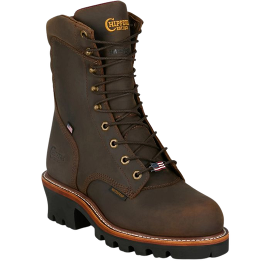 Brown leather boot with laces on a white background