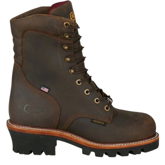 Brown leather boot with laces on a white background