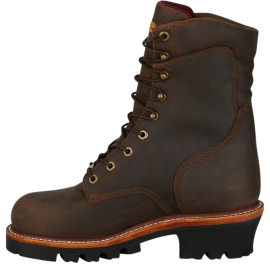 Brown leather boot with laces on a white background
