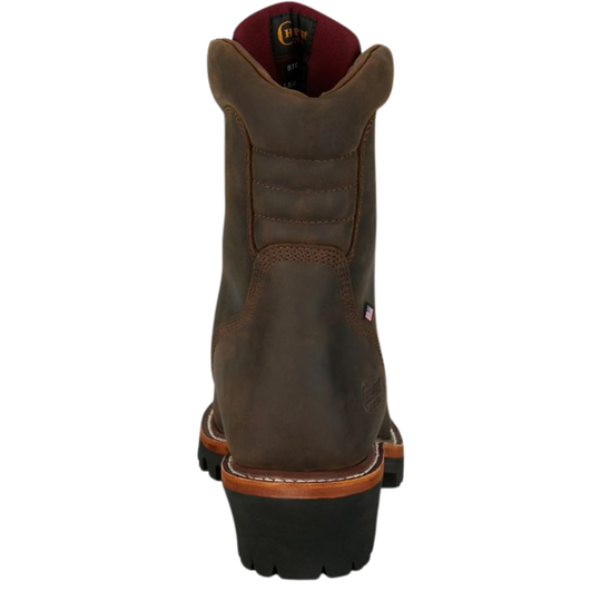 Brown work boot with a white background