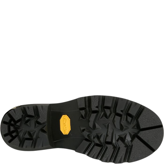 Black sole of a shoe with a yellow label on a white background