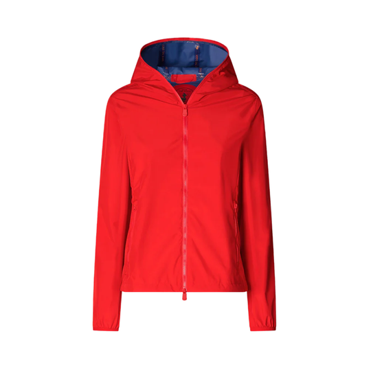 Red raincoat with a hood on a white background
