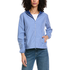 Woman wearing a light blue jacket on a white background