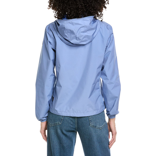 Person wearing a light blue jacket on a white background