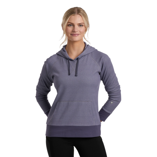 Woman wearing a purple striped hoodie on a white background