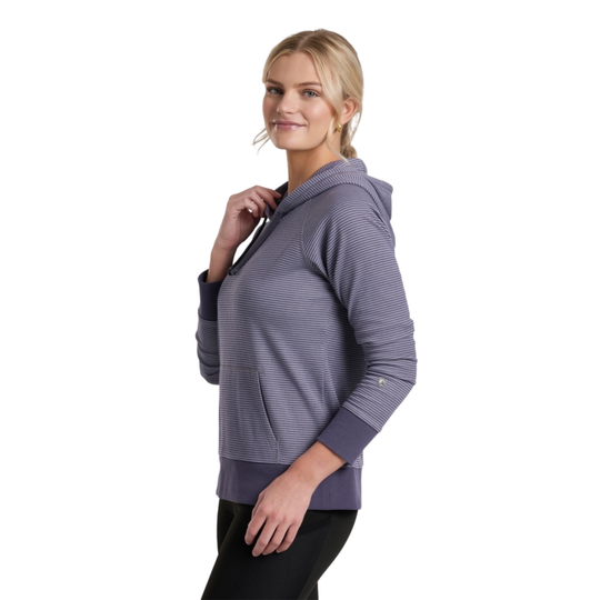 Woman wearing a purple hoodie on a white background