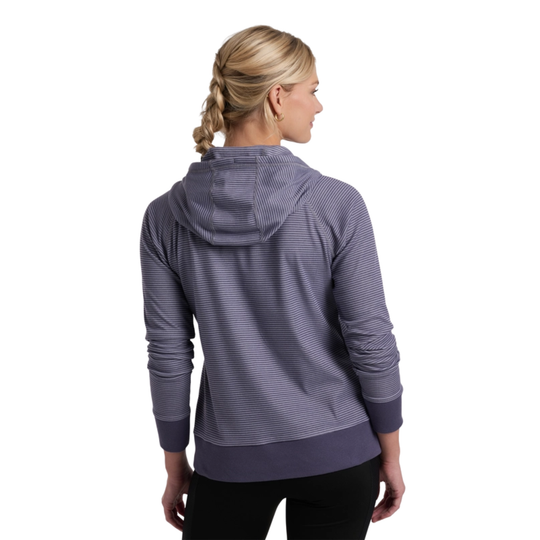 Woman wearing a gray hoodie on a white background