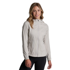 Woman wearing a light gray jacket on a white background