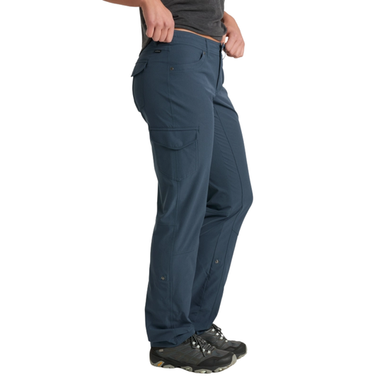 Navy blue pants worn by a person on a white background