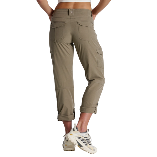 Khaki cargo pants worn by a person on a white background