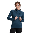 Woman wearing a blue long-sleeve top on a white background