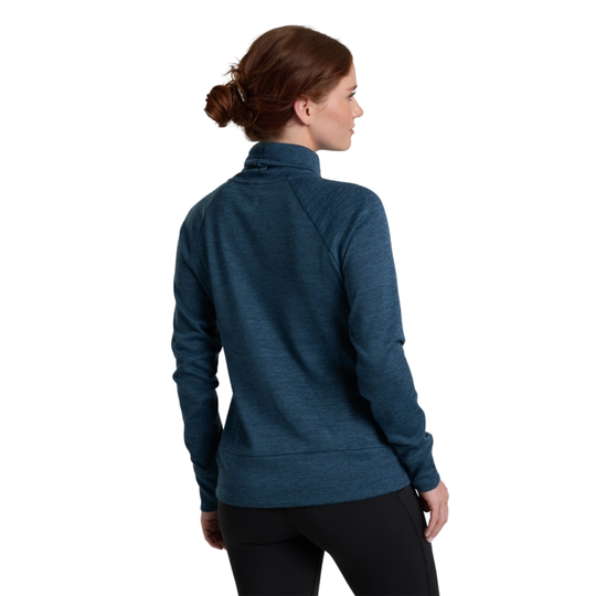 Woman wearing a blue jacket on a white background