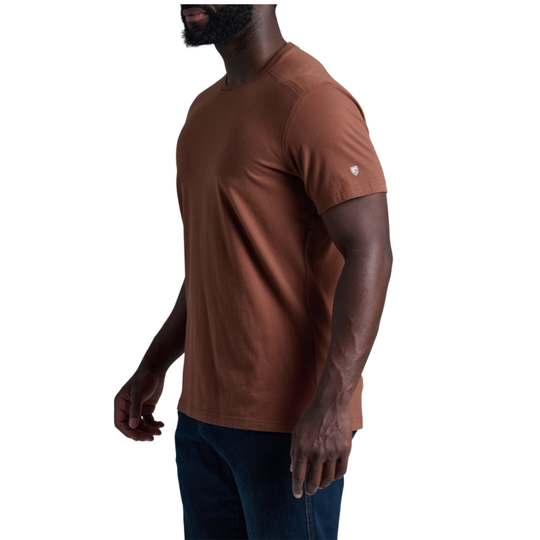 Man wearing a brown t-shirt on a white background