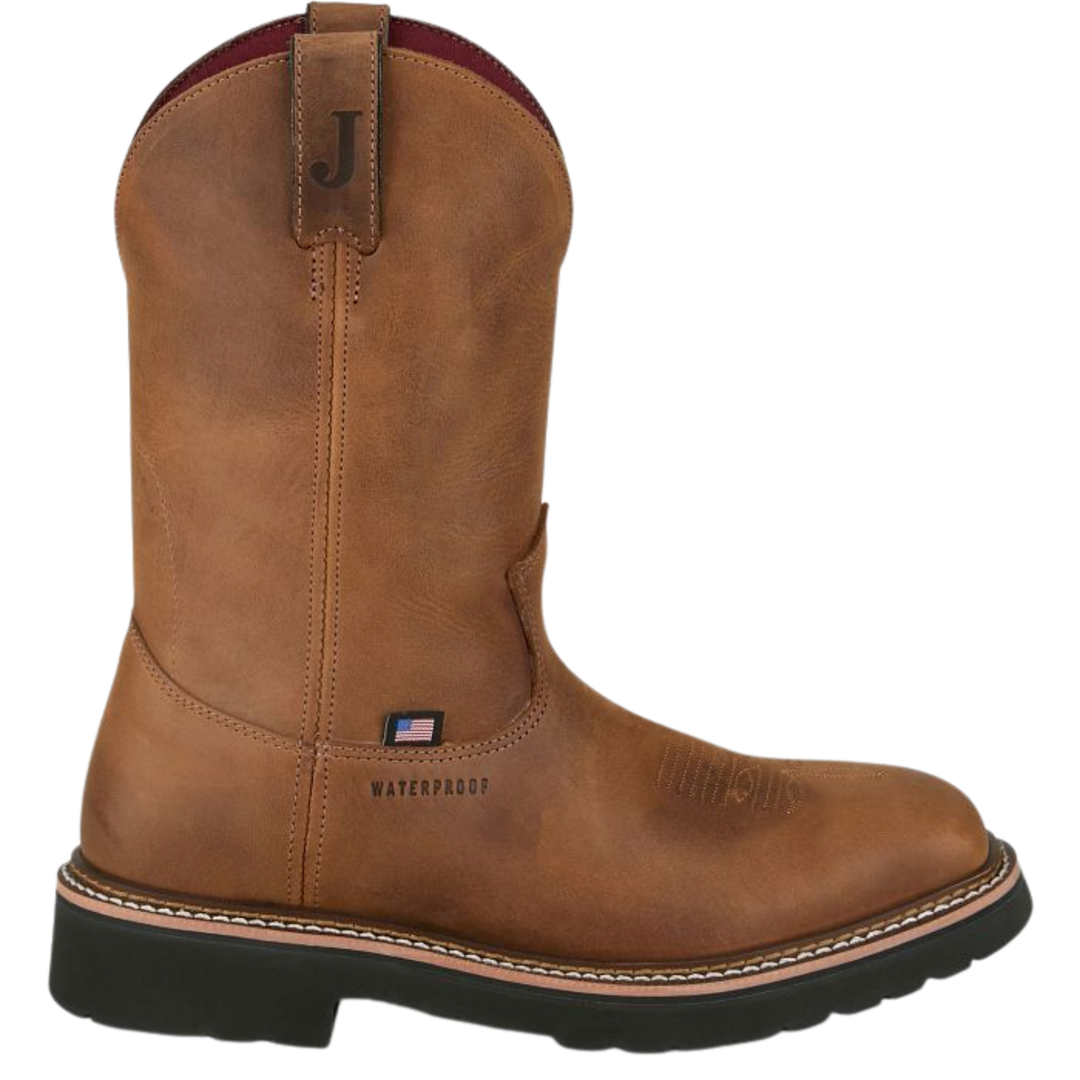 Brown work boot with a visible brand logo on a white background