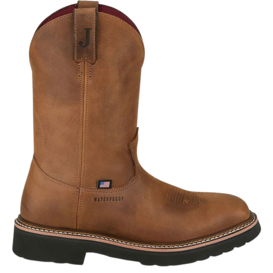 Brown work boot with a visible brand logo on a white background
