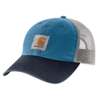 Blue and navy trucker cap with Carhartt logo on a white background