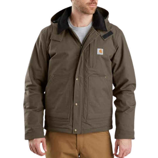 Man wearing a brown jacket with a hood on a white background