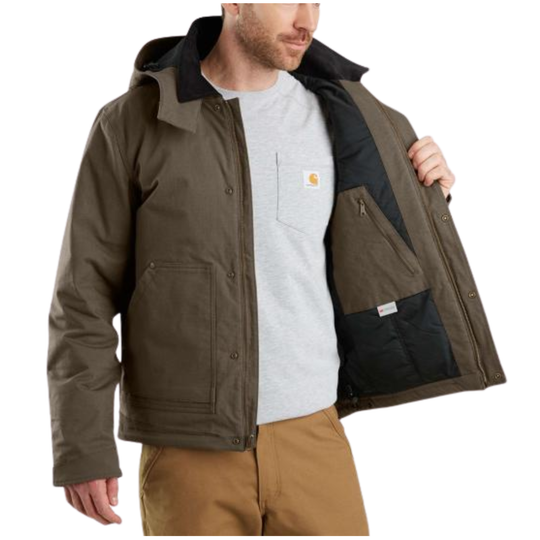 Man wearing a brown jacket with a hood on a white background