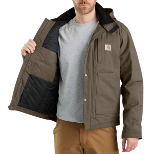 Man wearing a brown jacket with a visible brand logo on a white background