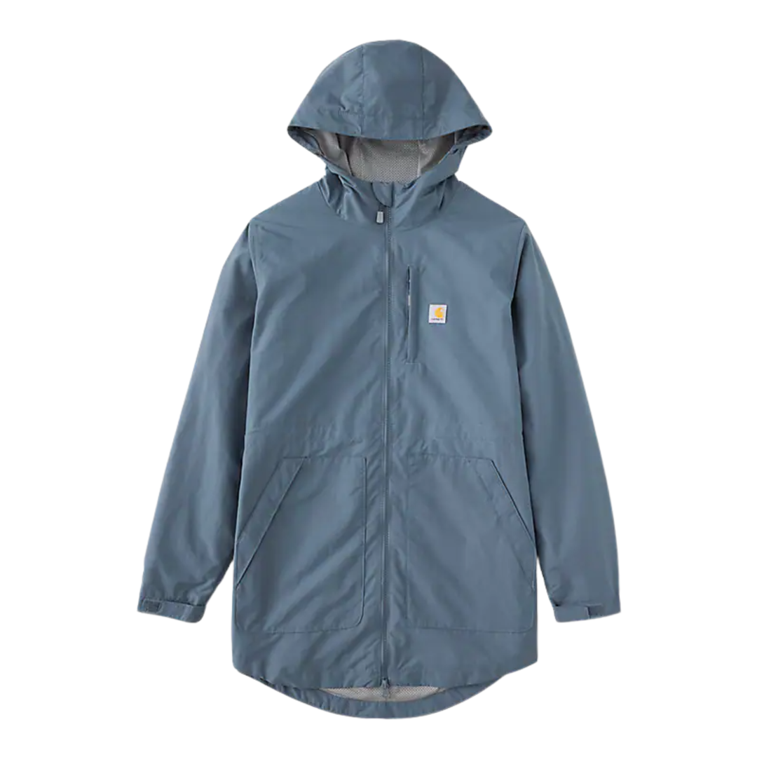 Blue raincoat with a hood on a white background